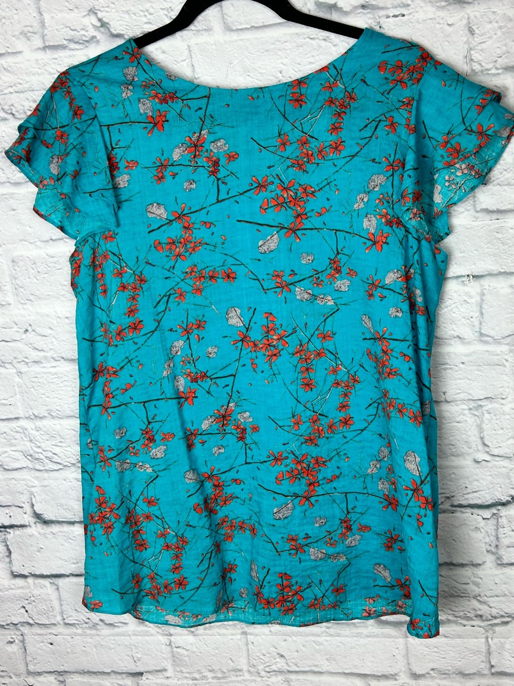 Ces Femme Medium Turquoise Floral Cotton Blouse Flutter Sleeve Made USA